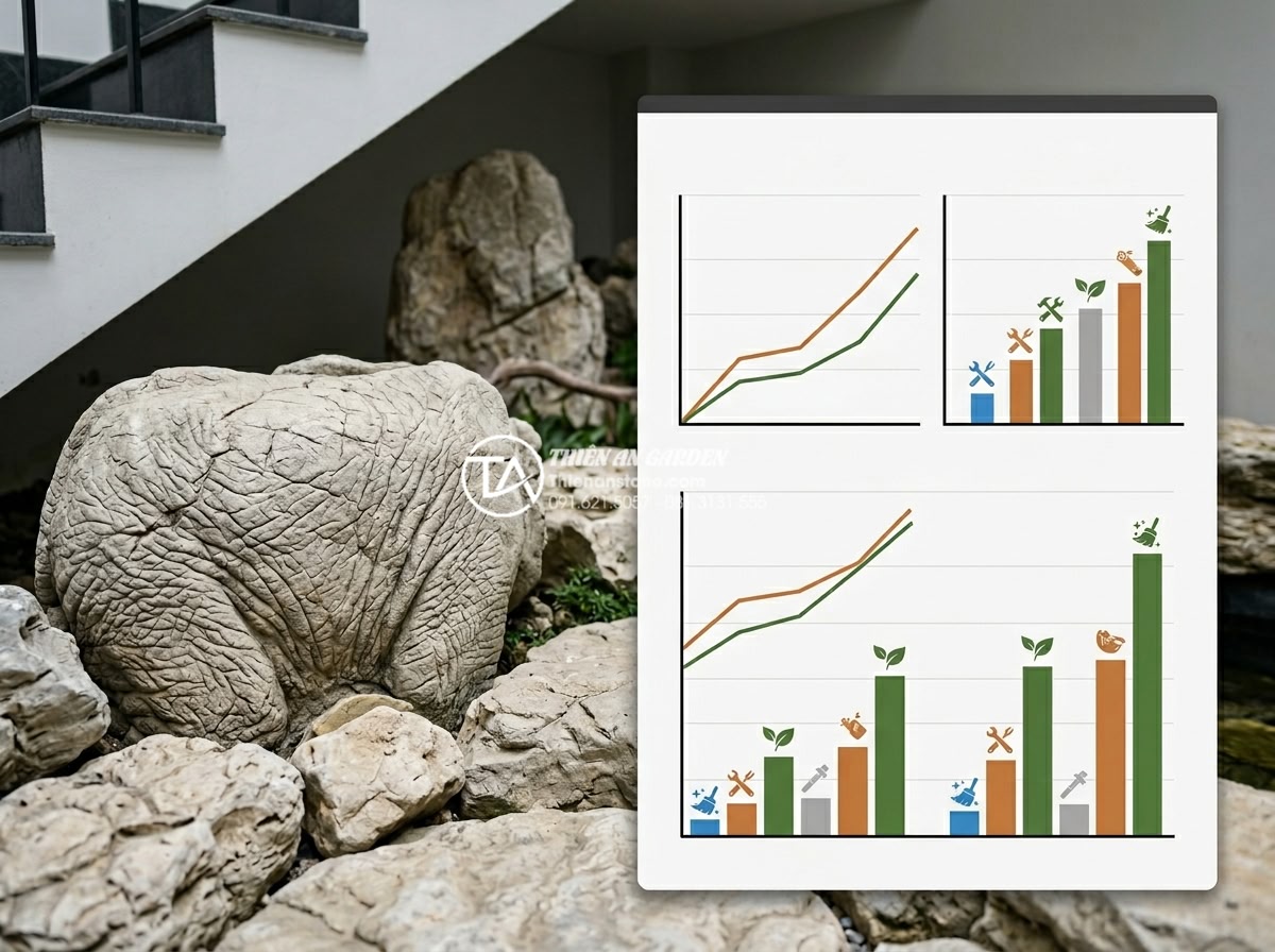 Dự toán chi phí duy trì và bảo dưỡng tiểu cảnh gầm cầu thang hàng tháng - Long-term 12-month and 24-month cost projection graph for natural stone under-st