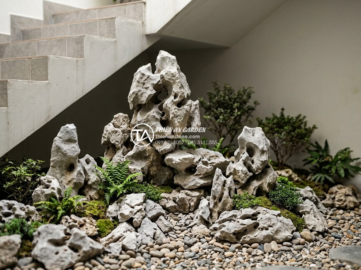 Dự toán chi phí duy trì và bảo dưỡng tiểu cảnh gầm cầu thang hàng tháng - High-quality premium natural granite stones selected for durable under-stair lan