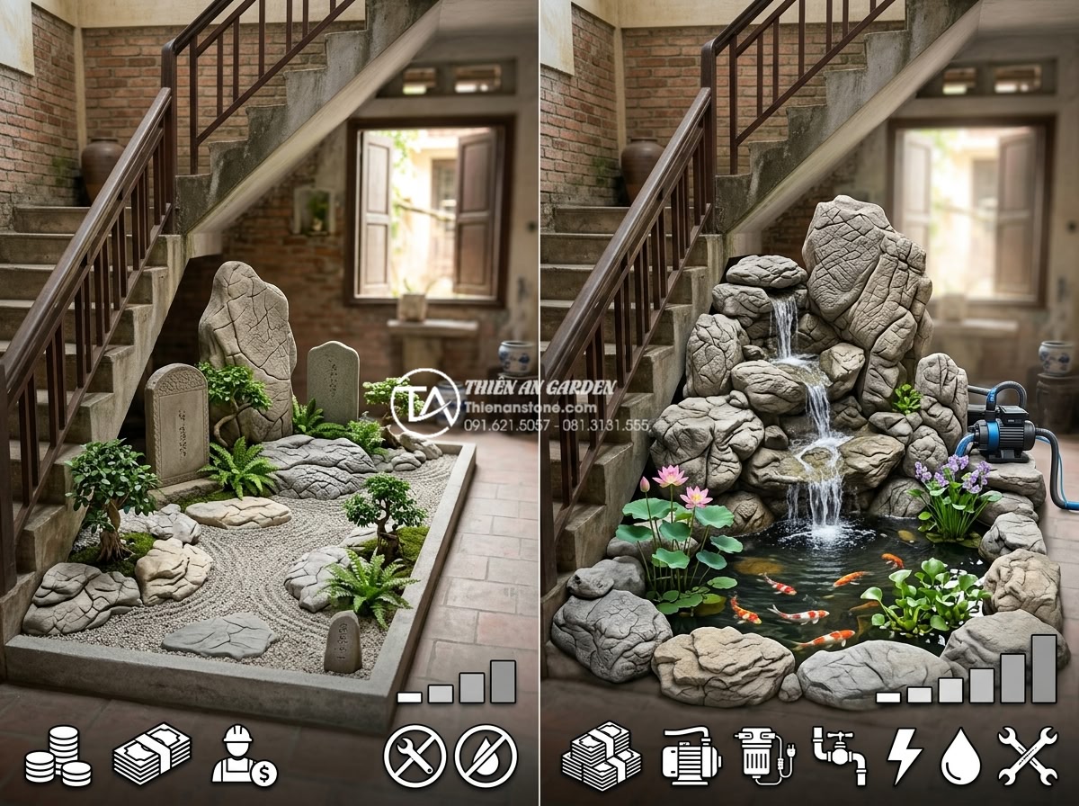 Dự toán chi phí duy trì và bảo dưỡng tiểu cảnh gầm cầu thang hàng tháng - Side-by-side cost comparison infographic between dry stone and water feature und