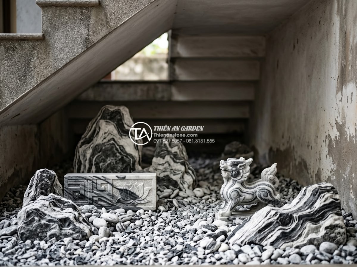 Dự toán chi phí duy trì và bảo dưỡng tiểu cảnh gầm cầu thang hàng tháng - Minimalist dry stone landscape under stairs using natural granite rocks and carv