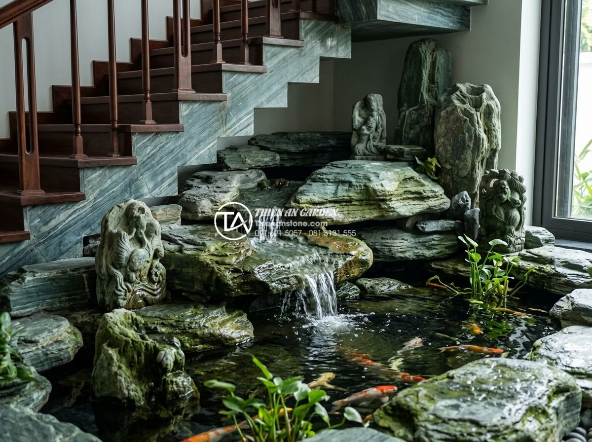 Dự toán chi phí duy trì và bảo dưỡng tiểu cảnh gầm cầu thang hàng tháng - Luxurious water feature under staircase with carved stone sculptures, flowing wa