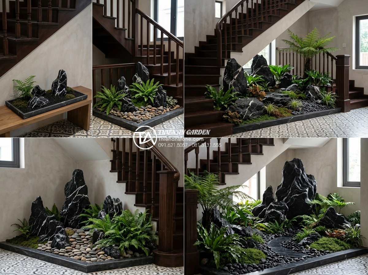 Dự toán chi phí duy trì và bảo dưỡng tiểu cảnh gầm cầu thang hàng tháng - Various sizes comparison chart of under-stair stone landscapes from small to lar