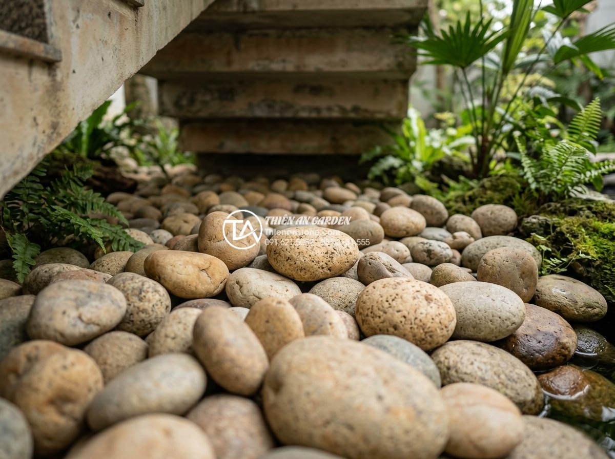 Dự toán chi phí duy trì và bảo dưỡng tiểu cảnh gầm cầu thang hàng tháng - Close-up textures of different natural stones used in under-stair landscapes inc