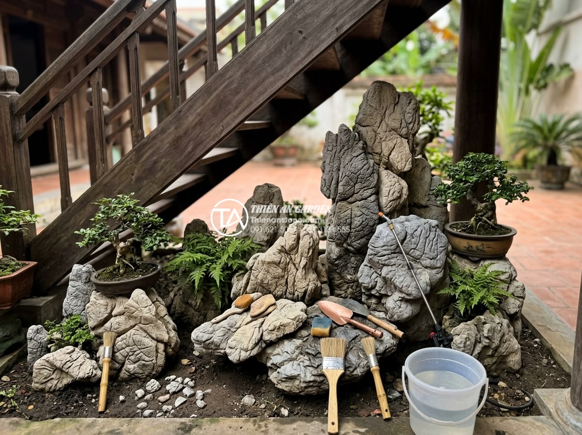 Dự toán chi phí duy trì và bảo dưỡng tiểu cảnh gầm cầu thang hàng tháng - Professional cleaning process of dry stone landscape under stairs showing worker