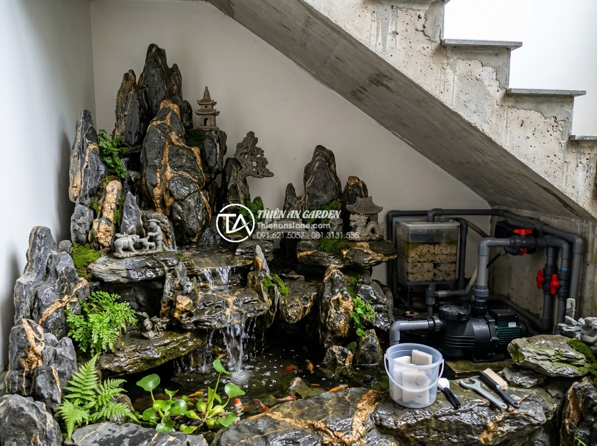 Dự toán chi phí duy trì và bảo dưỡng tiểu cảnh gầm cầu thang hàng tháng - Water circulation system and pump maintenance in under-stair water feature lands