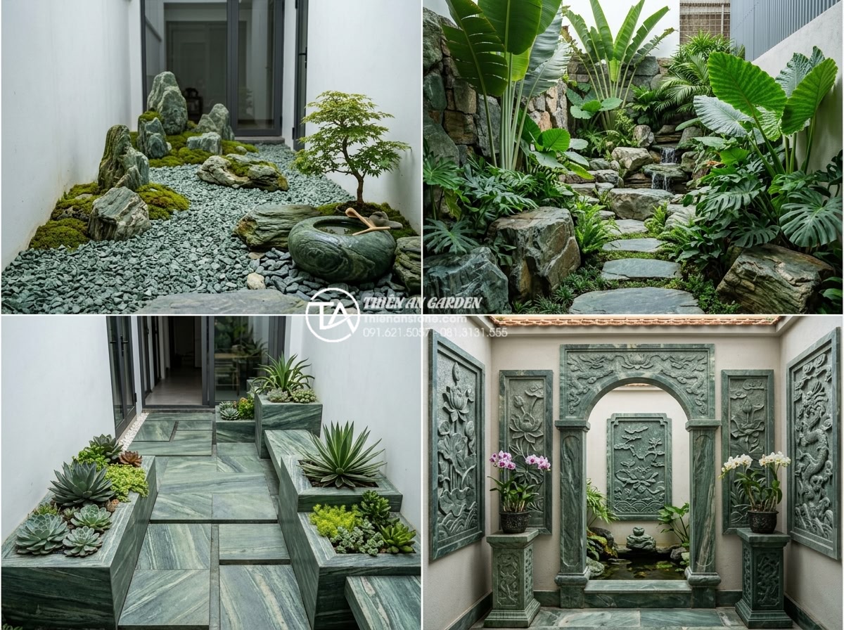 Giải pháp thiết kế tiểu cảnh giếng trời đơn giản cho không gian nhỏ hẹp - Hình 5 Giải pháp thiết kế tiểu cảnh giếng trời đơn giản cho không gian nhỏ hẹp - Collage of four different simple skywell garden designs in Vietnamese homes: Jap