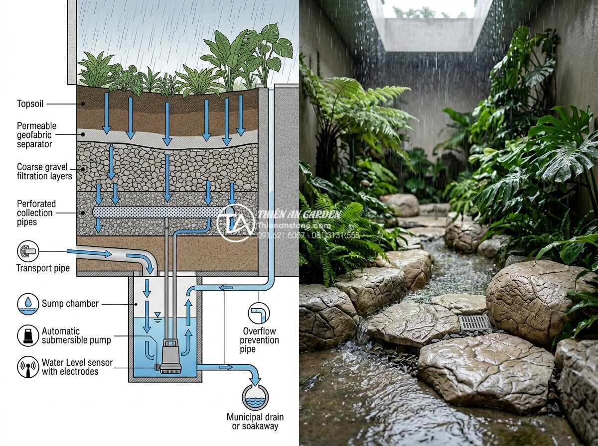 Giải pháp thiết kế tiểu cảnh giếng trời đơn giản cho không gian nhỏ hẹp - Hình 8 Giải pháp thiết kế tiểu cảnh giếng trời đơn giản cho không gian nhỏ hẹp - Technical diagram and real photo of advanced drainage system for outdoor skywell