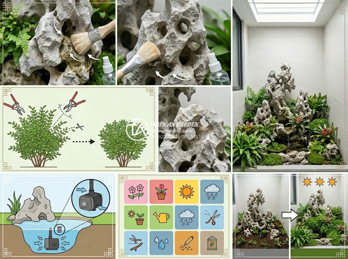 Giải pháp thiết kế tiểu cảnh giếng trời đơn giản cho không gian nhỏ hẹp - Hình 9 Giải pháp thiết kế tiểu cảnh giếng trời đơn giản cho không gian nhỏ hẹp - Maintenance guide infographic and real-life photo of well-cared small skywell ga