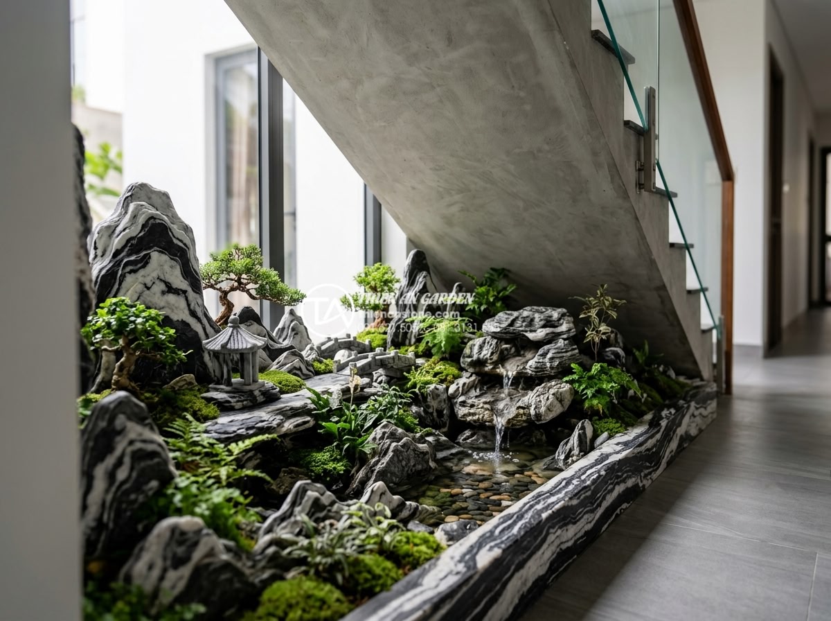 Giải pháp tiểu cảnh gầm cầu thang chung cư và nhà phố diện tích nhỏ - Detailed view of a modern under-stair miniature landscape in an apartment buildi