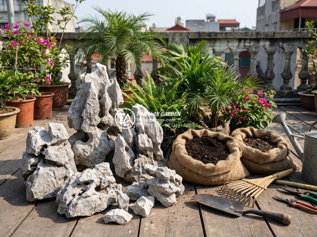 Hướng dẫn 7 bước tự làm tiểu cảnh sân thượng đá cuội cho người mới - Hình 10 Hướng dẫn 7 bước tự làm tiểu cảnh sân thượng đá cuội cho người mới - Organized collection of pebbles, soil, plants, and gardening tools ready for ter