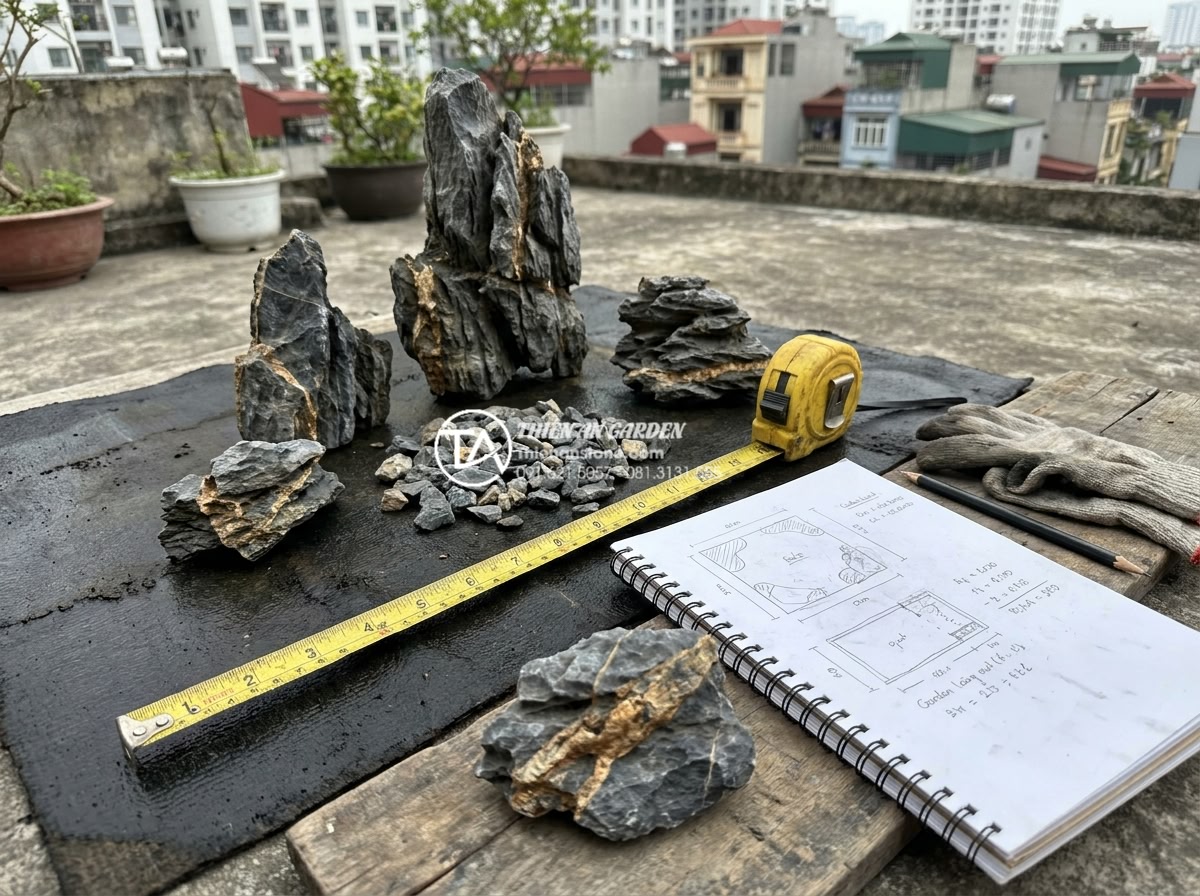 Hướng dẫn 7 bước tự làm tiểu cảnh sân thượng đá cuội cho người mới - Hình 11 Hướng dẫn 7 bước tự làm tiểu cảnh sân thượng đá cuội cho người mới - Person measuring and sketching a rooftop area for pebble garden planning with ta