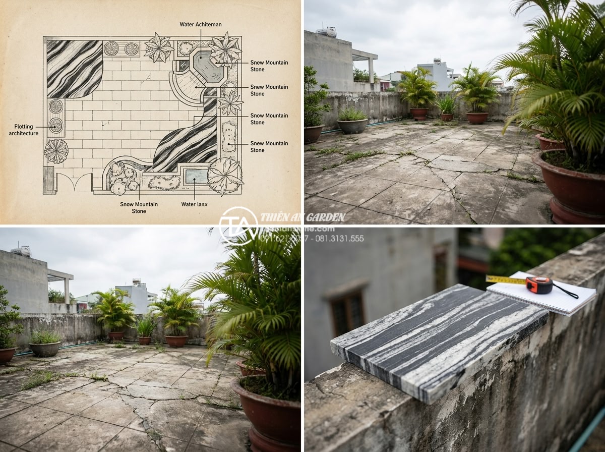 Hướng dẫn 7 bước tự làm tiểu cảnh sân thượng đá cuội cho người mới - Hình 12 Hướng dẫn 7 bước tự làm tiểu cảnh sân thượng đá cuội cho người mới - Detailed blueprint and site survey photos of terrace space prepared for stone la