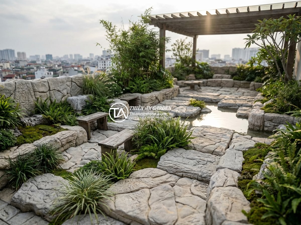 Hướng dẫn 7 bước tự làm tiểu cảnh sân thượng đá cuội cho người mới - Hình 2 Hướng dẫn 7 bước tự làm tiểu cảnh sân thượng đá cuội cho người mới - Wide angle of a completed pebble stone rooftop garden featuring layered rocks, g