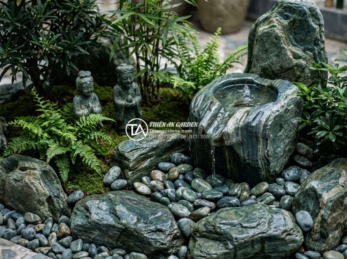 Hướng dẫn 7 bước tự làm tiểu cảnh sân thượng đá cuội cho người mới - Hình 20 Hướng dẫn 7 bước tự làm tiểu cảnh sân thượng đá cuội cho người mới - Decorative elements like small fountain and statues integrated with pebbles and