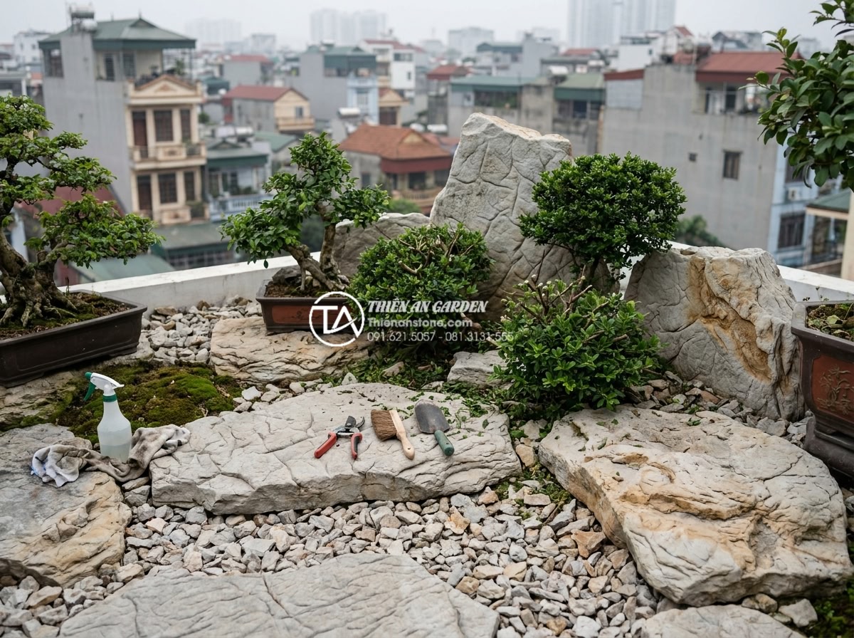 Hướng dẫn 7 bước tự làm tiểu cảnh sân thượng đá cuội cho người mới - Hình 23 Hướng dẫn 7 bước tự làm tiểu cảnh sân thượng đá cuội cho người mới - Maintenance routine showing cleaning and pruning of pebble rooftop garden elemen