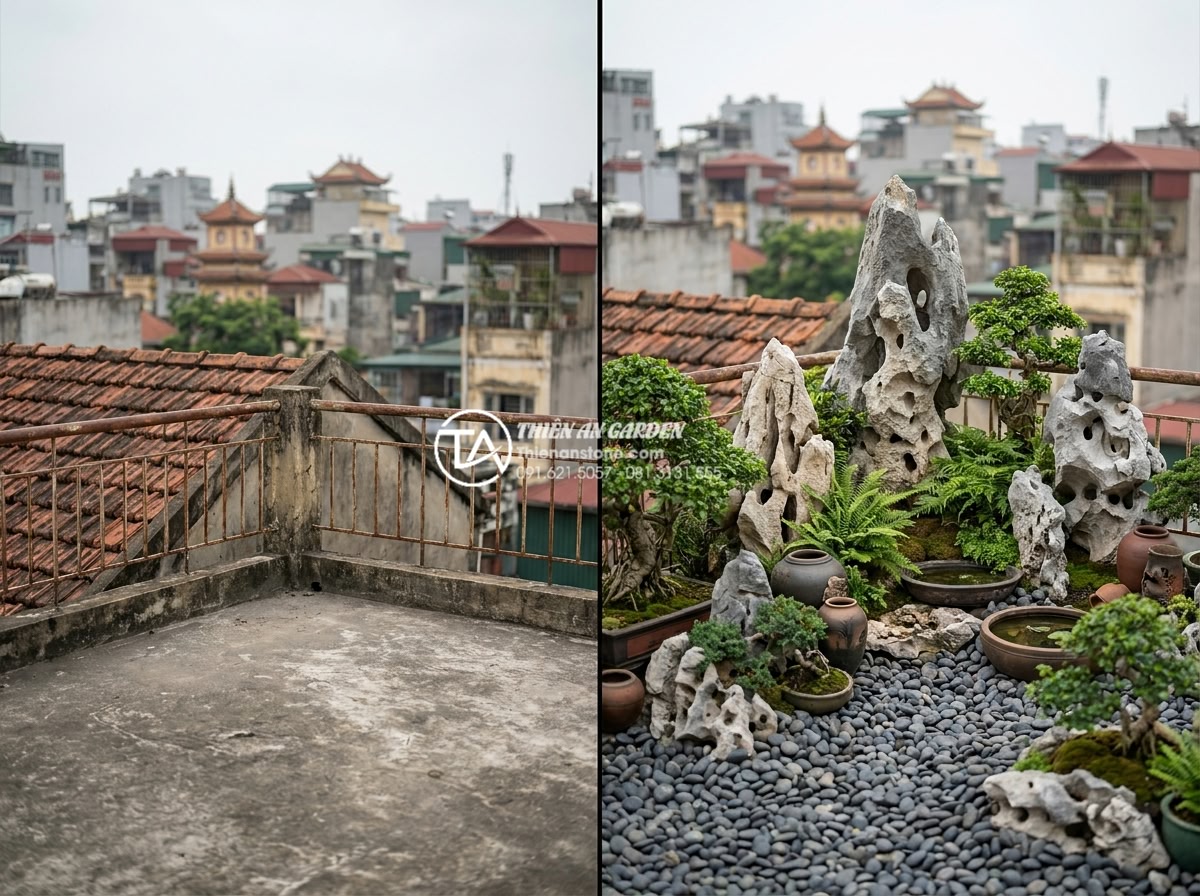 Hướng dẫn 7 bước tự làm tiểu cảnh sân thượng đá cuội cho người mới - Hình 3 Hướng dẫn 7 bước tự làm tiểu cảnh sân thượng đá cuội cho người mới - Before and after comparison of a bare rooftop transformed into a pebble stone mi