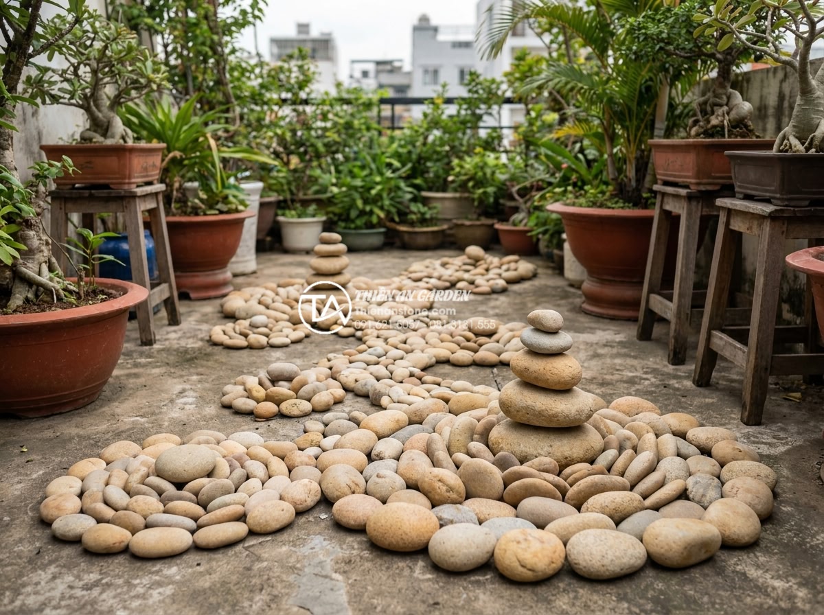 Hướng dẫn 7 bước tự làm tiểu cảnh sân thượng đá cuội cho người mới - Hình 8 Hướng dẫn 7 bước tự làm tiểu cảnh sân thượng đá cuội cho người mới - Creative pebble stone layout demonstrating balance, depth, and focal points on a