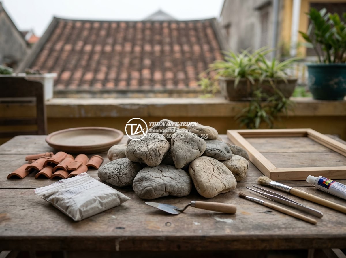 Hướng dẫn 7 bước tự làm tiểu cảnh sân thượng đá cuội cho người mới - Hình 9 Hướng dẫn 7 bước tự làm tiểu cảnh sân thượng đá cuội cho người mới - Complete set of materials and tools laid out for DIY pebble stone rooftop miniat