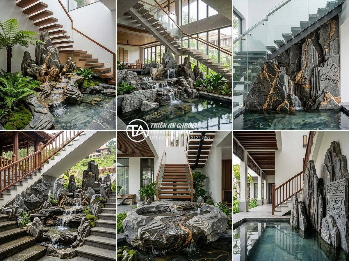 Hướng dẫn kỹ thuật chống thấm gầm cầu thang khi làm tiểu cảnh nước chuyên sâu - Portfolio collage of multiple completed premium projects by Thien An Stone showi