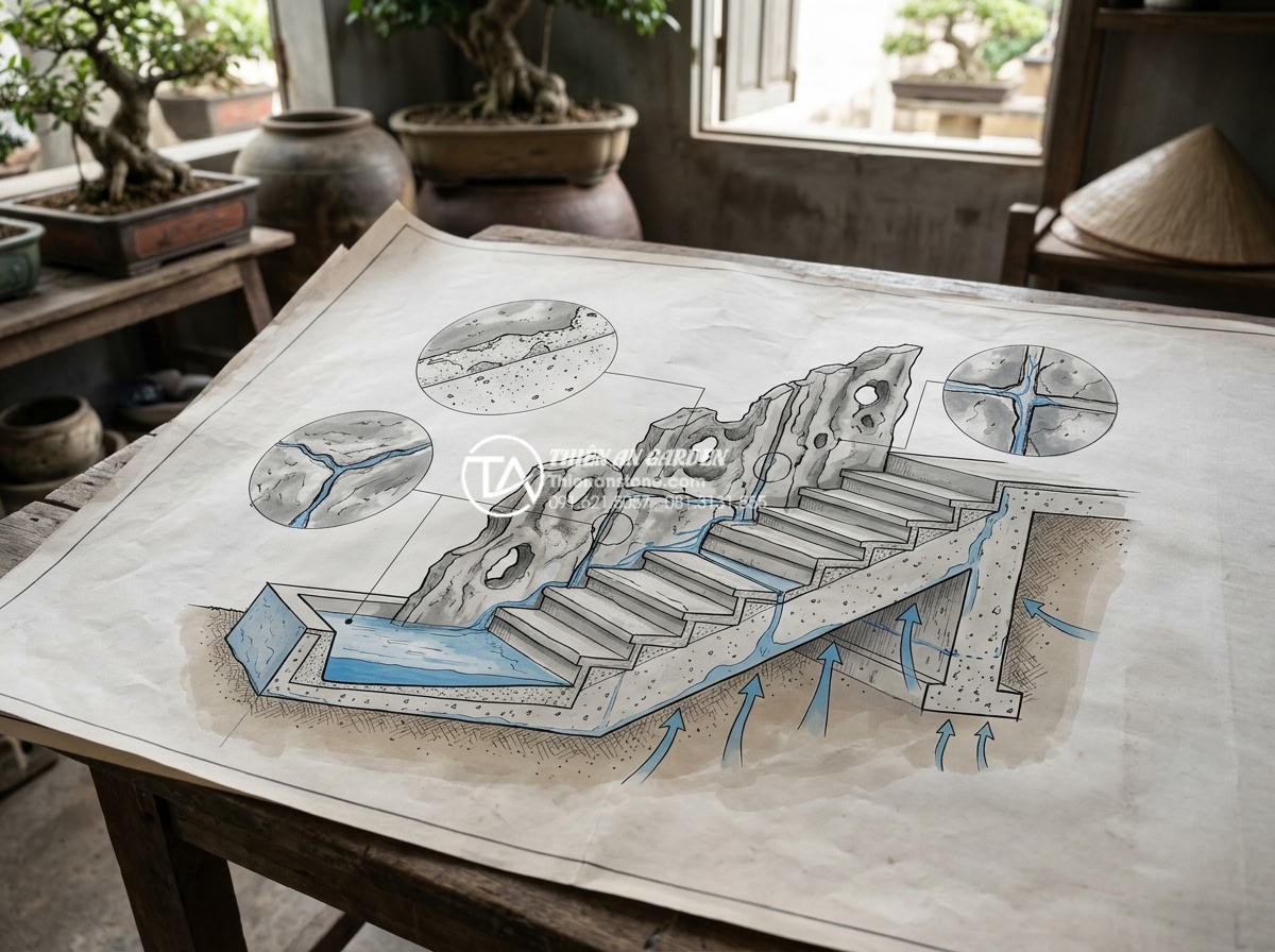 Hướng dẫn kỹ thuật chống thấm gầm cầu thang khi làm tiểu cảnh nước chuyên sâu - Detailed technical diagram illustrating common causes of water leakage under sta