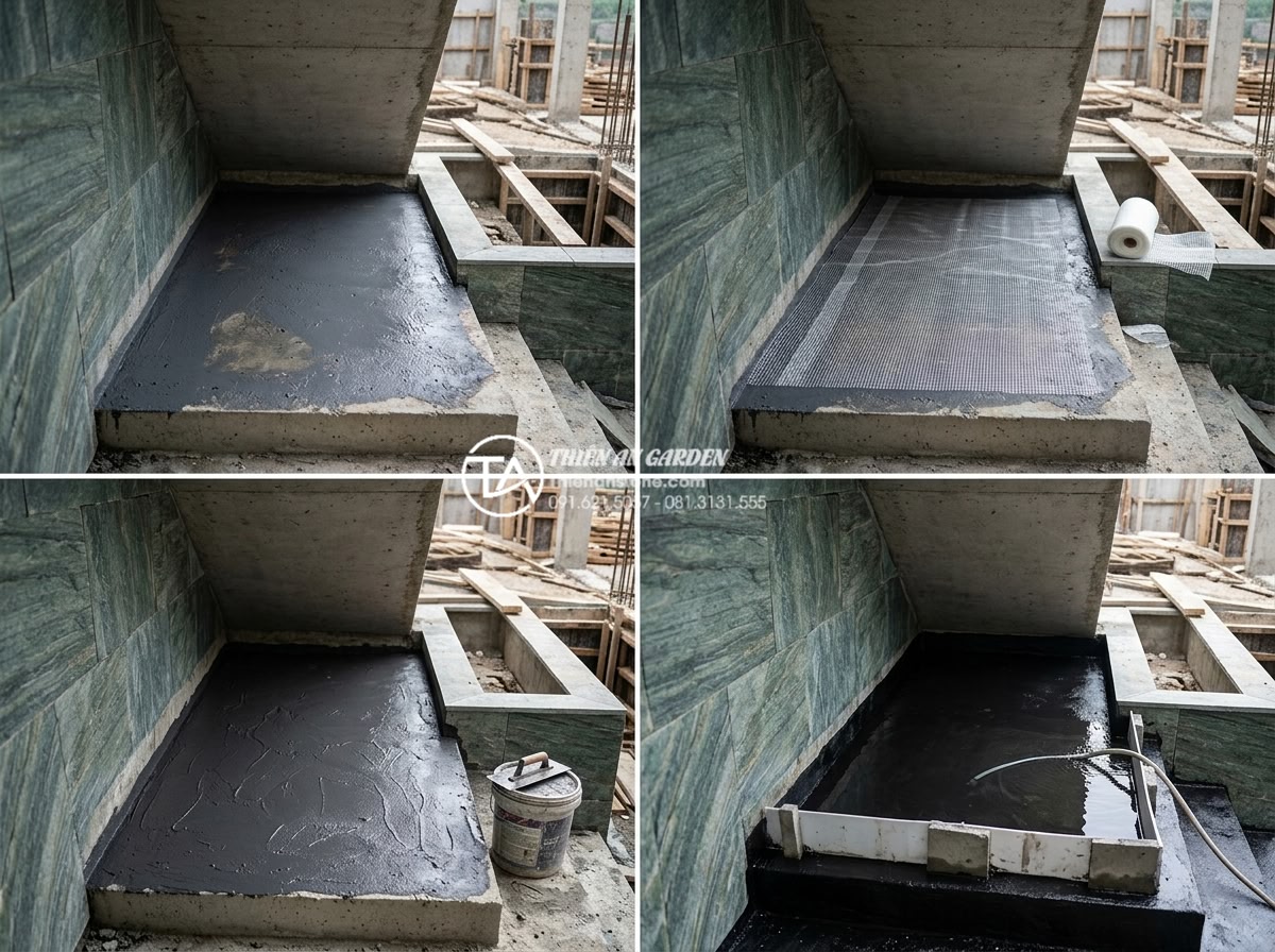 Hướng dẫn kỹ thuật chống thấm gầm cầu thang khi làm tiểu cảnh nước chuyên sâu - Sequential construction photos showing professional application of waterproofing