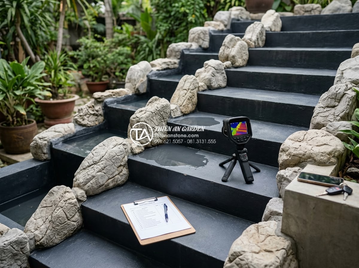 Hướng dẫn kỹ thuật chống thấm gầm cầu thang khi làm tiểu cảnh nước chuyên sâu - Professional quality control inspection photo showing engineer performing water 