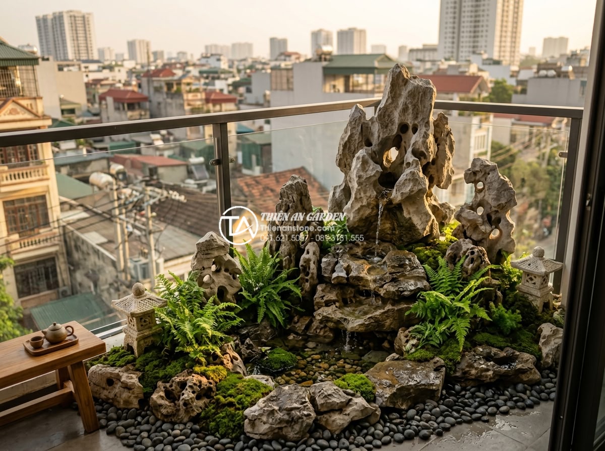 Hướng dẫn tự làm tiểu cảnh ban công mini tại nhà chỉ với 5 triệu đồng - Photorealistic wide shot of a modern Vietnamese apartment balcony transformed in