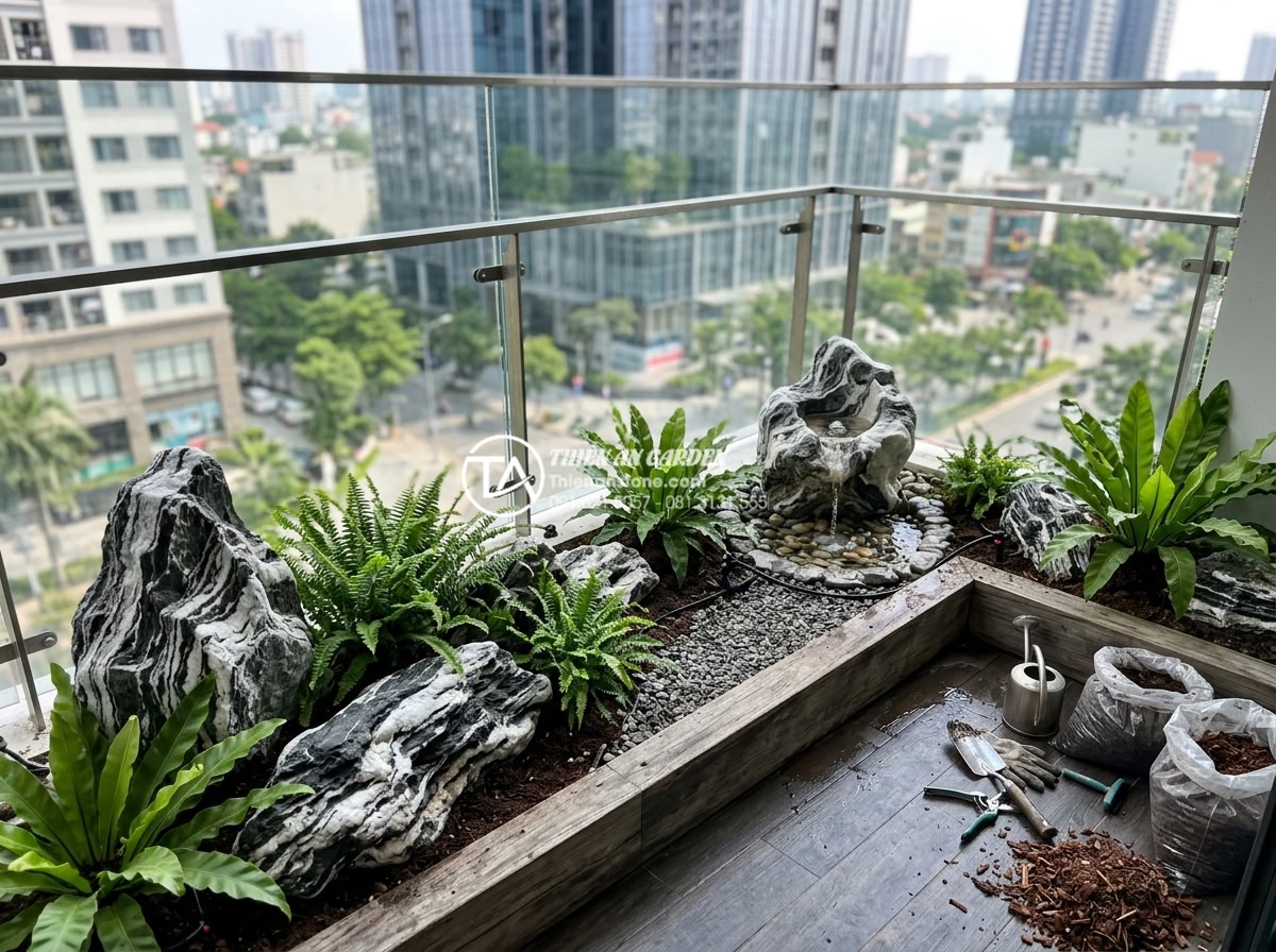 Hướng dẫn tự làm tiểu cảnh ban công mini tại nhà chỉ với 5 triệu đồng - Professional team photo of experienced landscapers from Thien An Stone installin