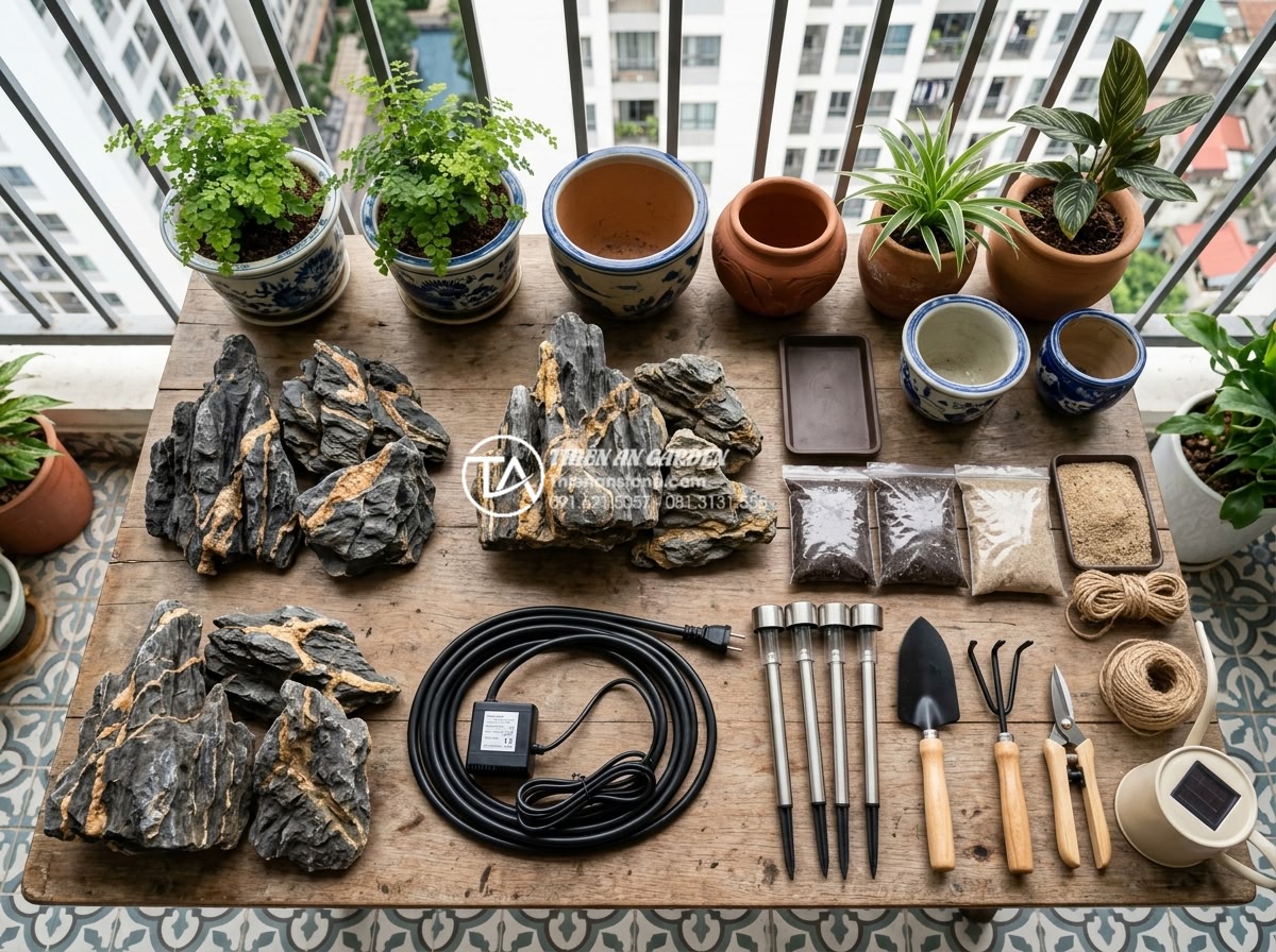 Hướng dẫn tự làm tiểu cảnh ban công mini tại nhà chỉ với 5 triệu đồng - Detailed overhead view of budget breakdown for DIY balcony mini garden: piles of