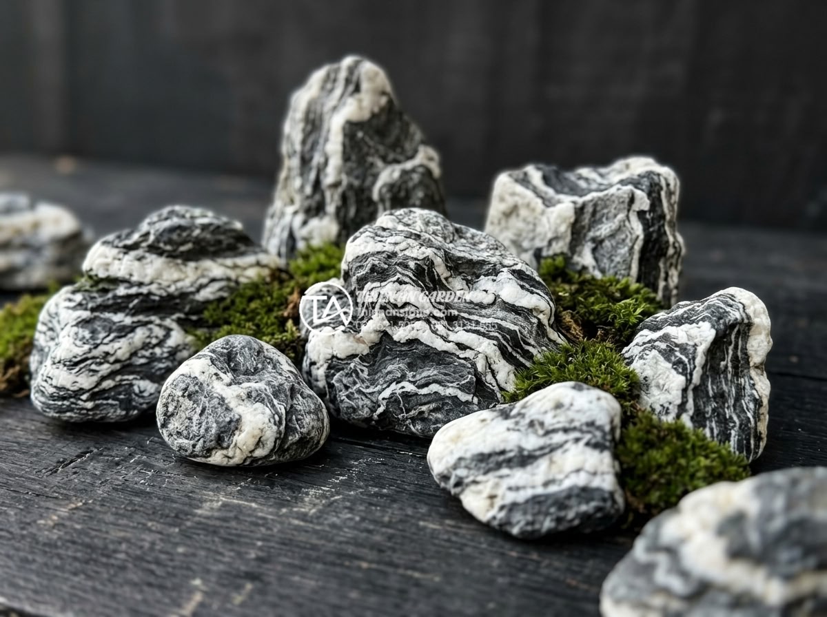 Hướng dẫn tự làm tiểu cảnh ban công mini tại nhà chỉ với 5 triệu đồng - Close-up photorealistic image of premium natural stones for balcony garden: smoo