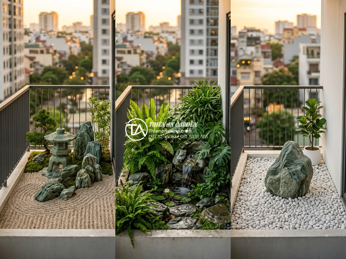 Hướng dẫn tự làm tiểu cảnh ban công mini tại nhà chỉ với 5 triệu đồng - Beautiful realistic rendering of three different balcony mini garden styles side