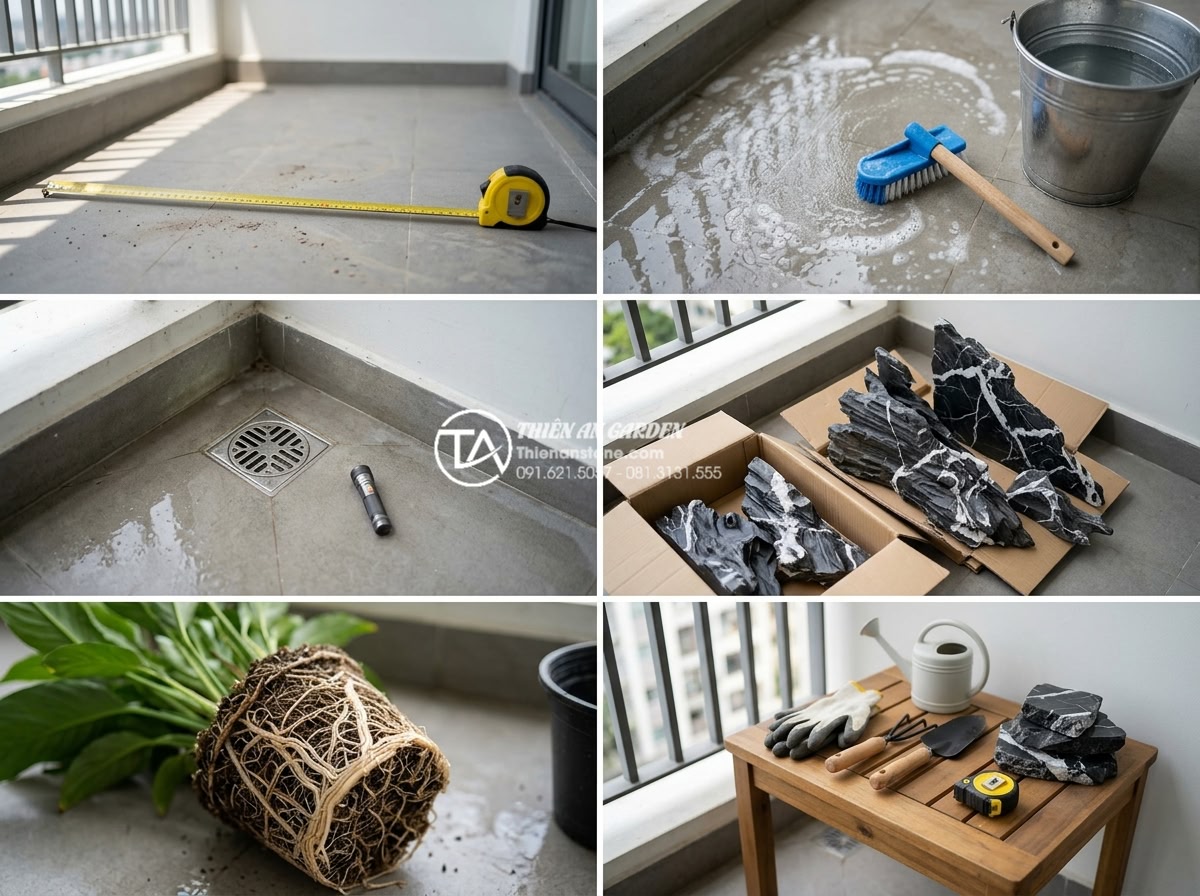 Hướng dẫn tự làm tiểu cảnh ban công mini tại nhà chỉ với 5 triệu đồng - Step-by-step realistic photo sequence of balcony preparation: measuring tape on 