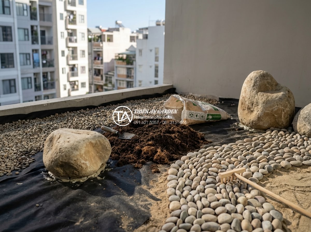 Hướng dẫn tự làm tiểu cảnh ban công mini tại nhà chỉ với 5 triệu đồng - Realistic construction process photo of building balcony zen garden foundation: 