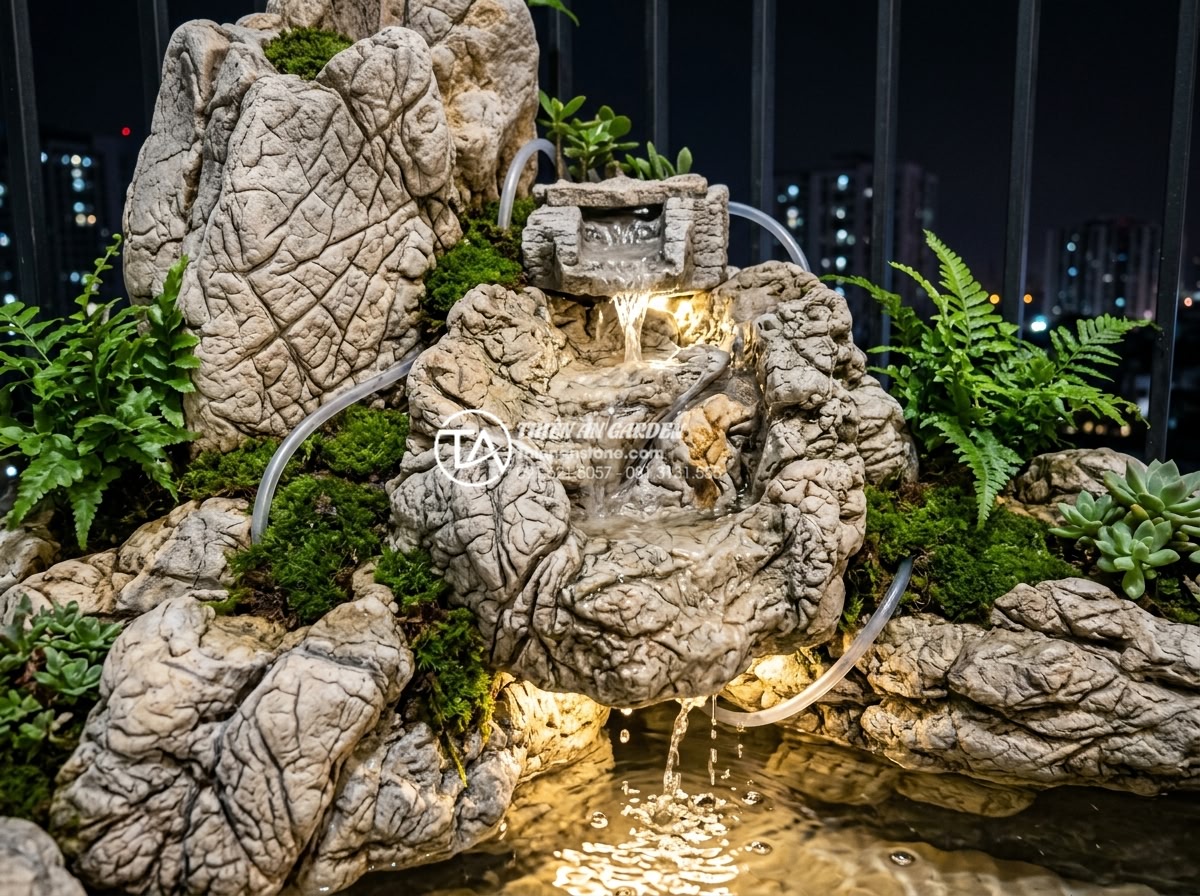 Hướng dẫn tự làm tiểu cảnh ban công mini tại nhà chỉ với 5 triệu đồng - Close-up realistic image of DIY balcony water feature installation: small submer