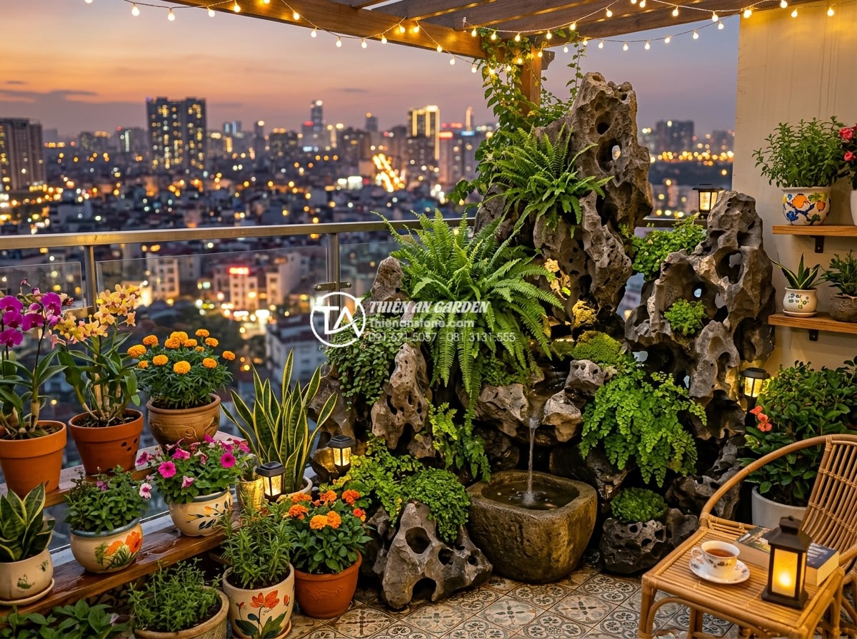 Hướng dẫn tự làm tiểu cảnh ban công mini tại nhà chỉ với 5 triệu đồng - Vibrant realistic photo of finished DIY balcony mini garden: lush ferns cascadin