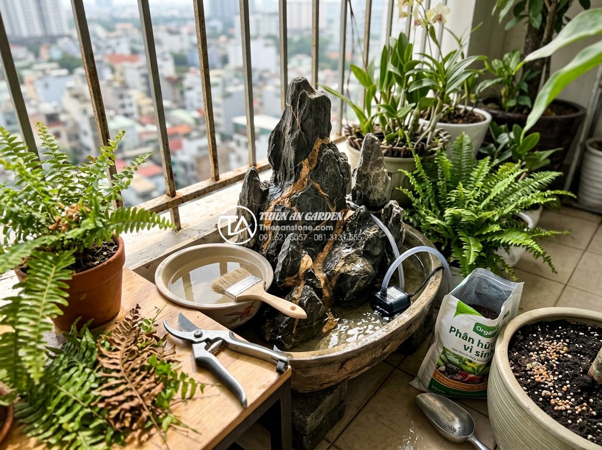 Hướng dẫn tự làm tiểu cảnh ban công mini tại nhà chỉ với 5 triệu đồng - Instructional realistic image showing maintenance routine for balcony garden: pe