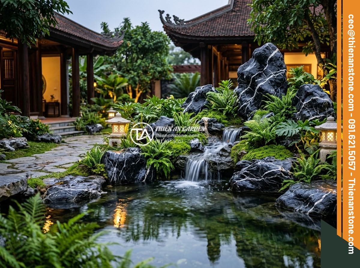 Kinh nghiệm lựa chọn đơn vị thi công tiểu cảnh đá mỹ nghệ uy tín, giá rẻ - A stunning high-resolution photograph of a luxurious Vietnamese villa courtyard 