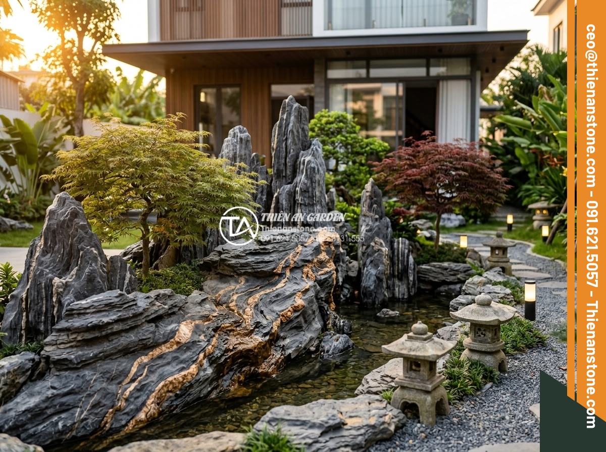 Kinh nghiệm lựa chọn đơn vị thi công tiểu cảnh đá mỹ nghệ uy tín, giá rẻ - Beautifully arranged natural stone garden with multiple layers of granite rocks 