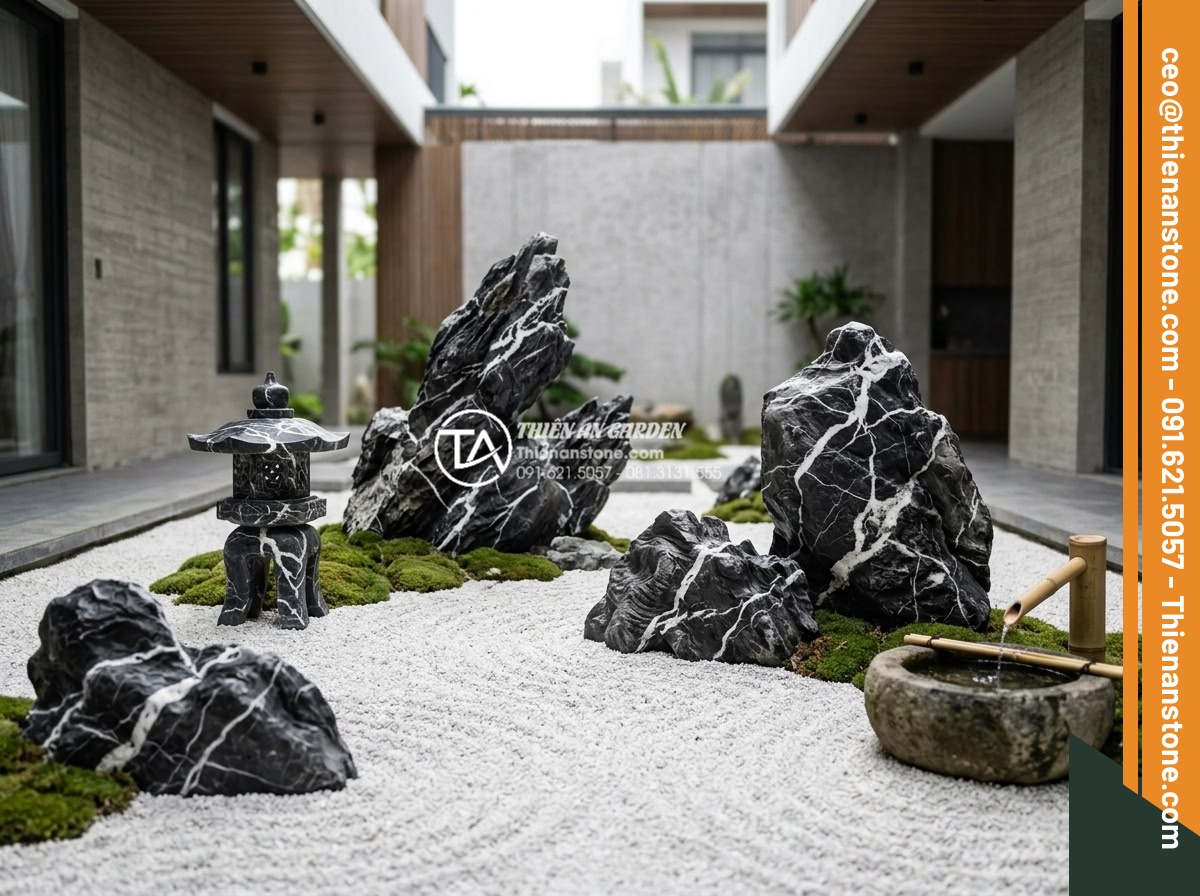 Kinh nghiệm lựa chọn đơn vị thi công tiểu cảnh đá mỹ nghệ uy tín, giá rẻ - Modern minimalist Japanese Zen style stone garden with carefully placed dark gra