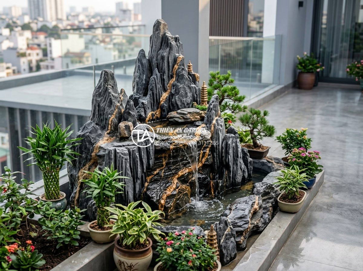Kỹ thuật tạo thác nước sân thượng không gây tiếng ồn và thấm dột - Auspicious terrace water feature with carved natural stones, gentle cascade and 