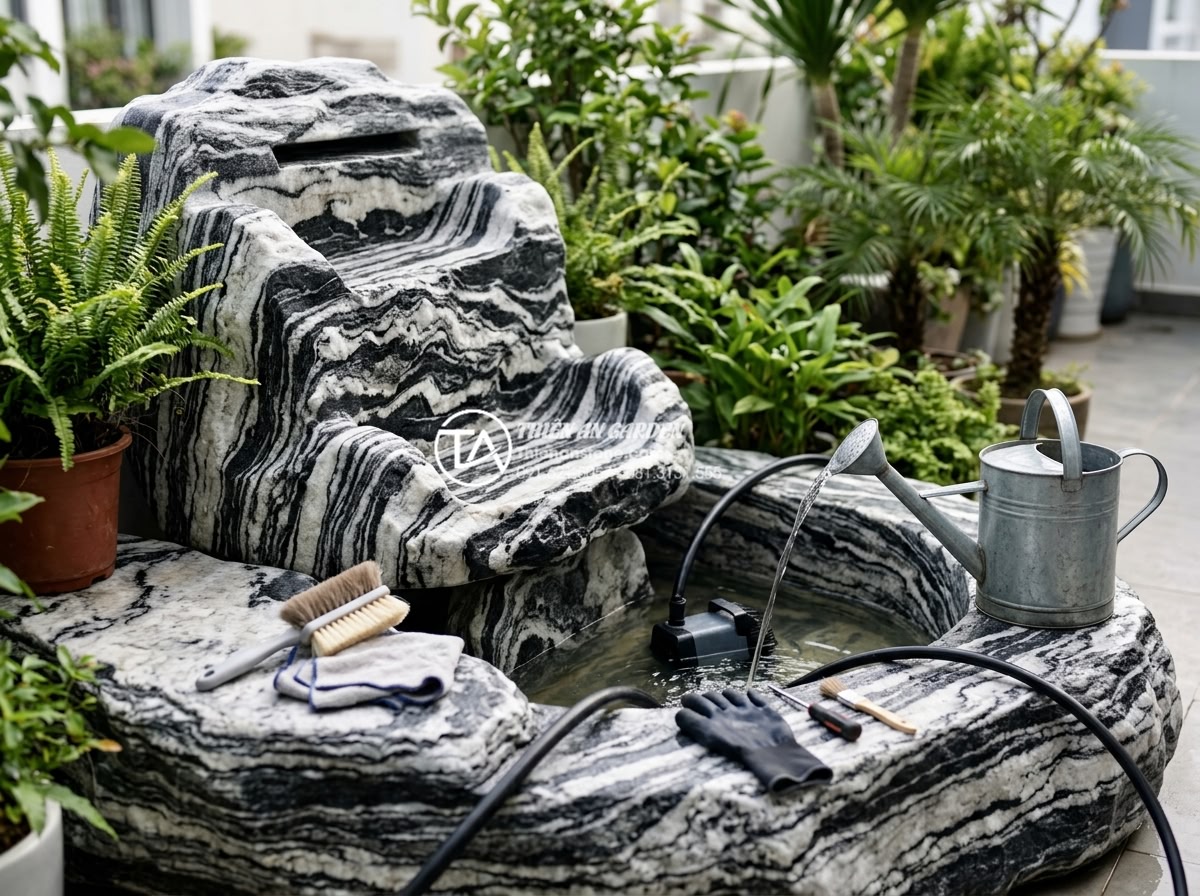 Kỹ thuật tạo thác nước sân thượng không gây tiếng ồn và thấm dột - Maintenance process showing cleaning natural stone waterfall on terrace, checkin