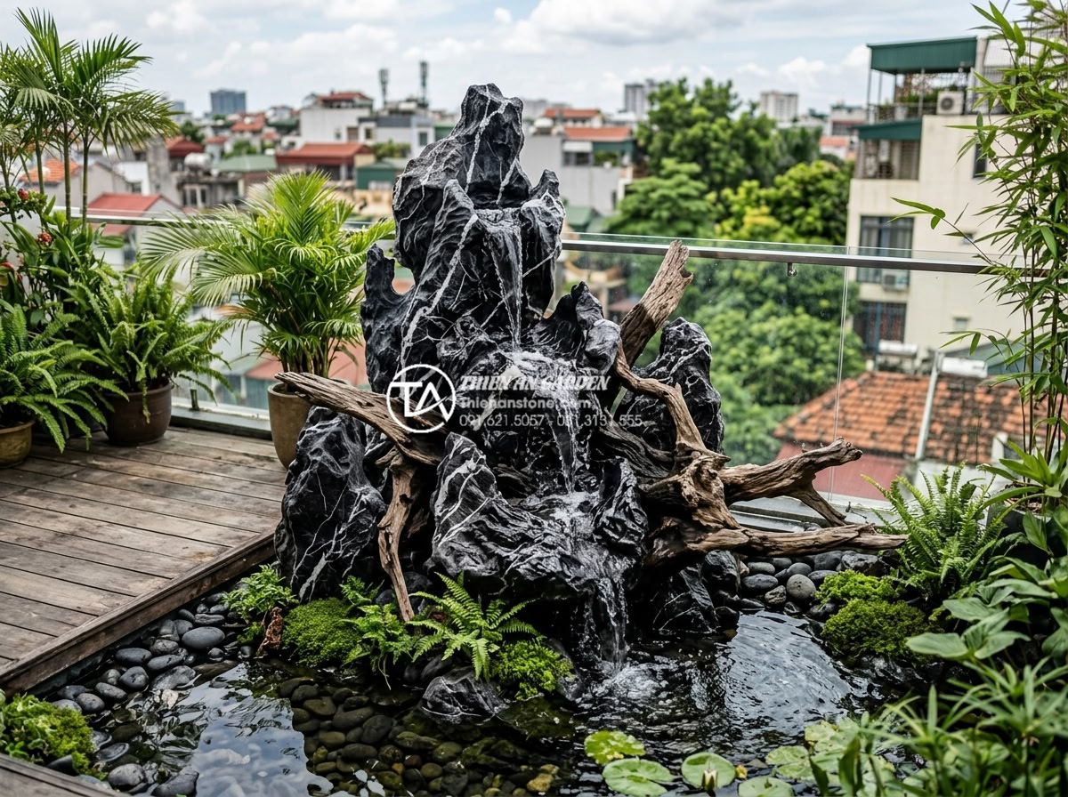 Kỹ thuật tạo thác nước sân thượng không gây tiếng ồn và thấm dột - Beautiful modern terrace waterfall combined with driftwood art and natural stone