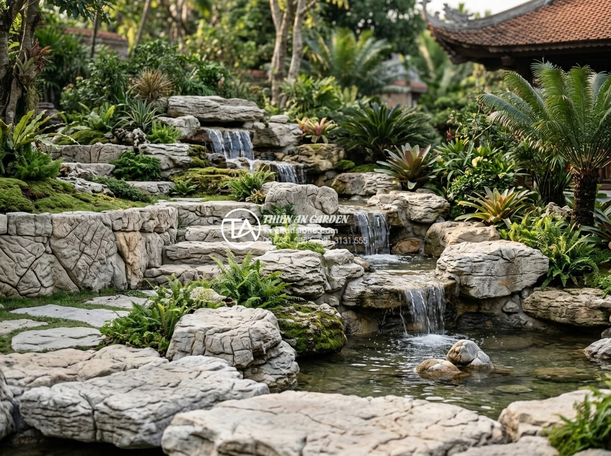 Kỹ thuật tạo thác nước sân thượng không gây tiếng ồn và thấm dột - Professional team from Da Canh Thien An completing a luxury natural stone terrac