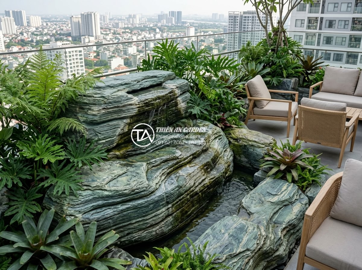 Kỹ thuật tạo thác nước sân thượng không gây tiếng ồn và thấm dột - Wide angle photograph of an elegant terrace waterfall using layered carved natur