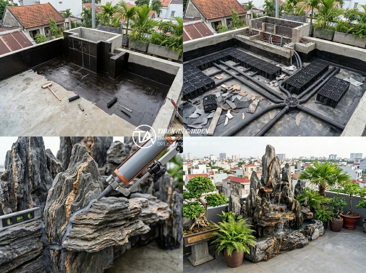 Kỹ thuật tạo thác nước sân thượng không gây tiếng ồn và thấm dột - Step-by-step waterproofing process illustration for rooftop waterfall: showing m
