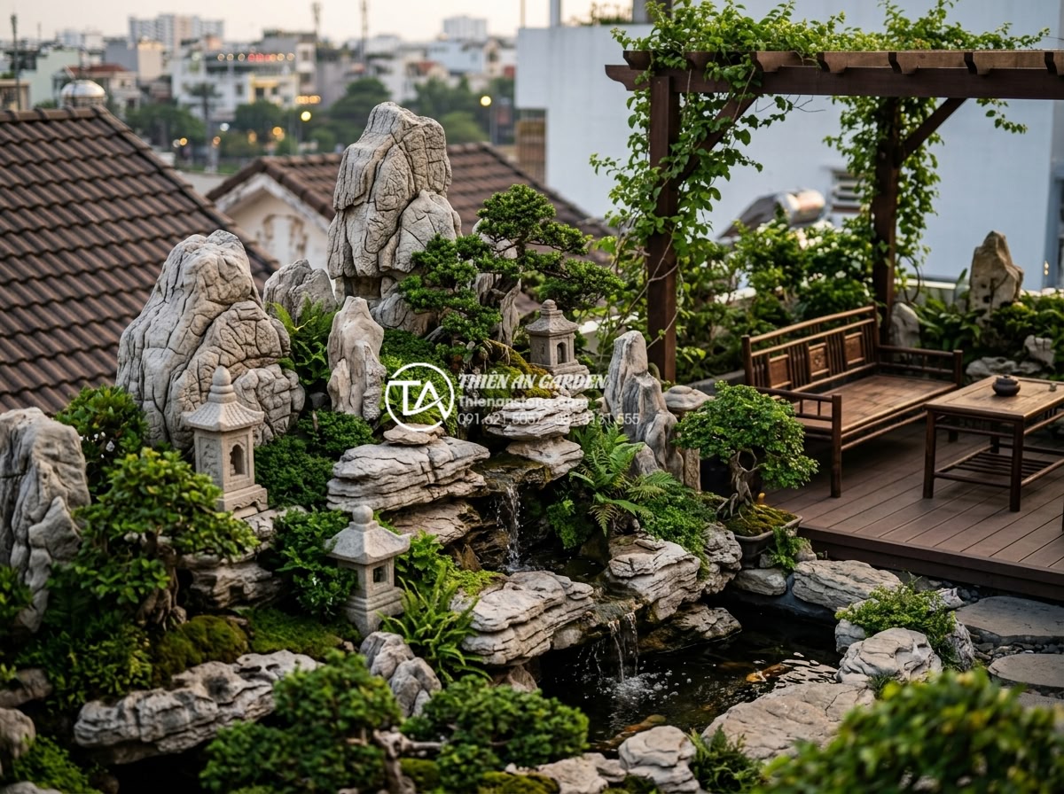 Lợi ích sức khỏe bất ngờ khi sở hữu tiểu cảnh sân thượng tại nhà - A detailed rooftop miniature landscape featuring layered natural stone formation