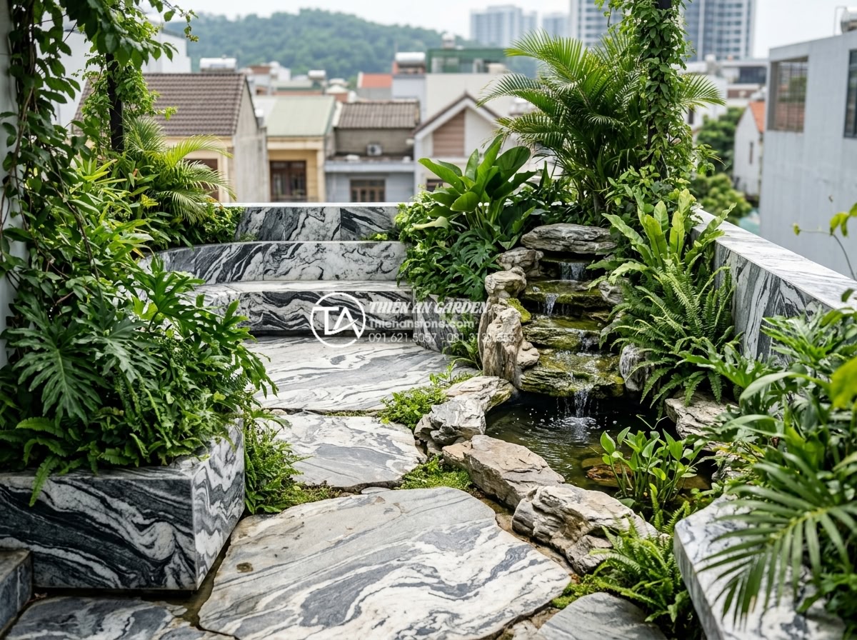 Lợi ích sức khỏe bất ngờ khi sở hữu tiểu cảnh sân thượng tại nhà - Rooftop green space with natural stone features, dense oxygen-producing plants, 