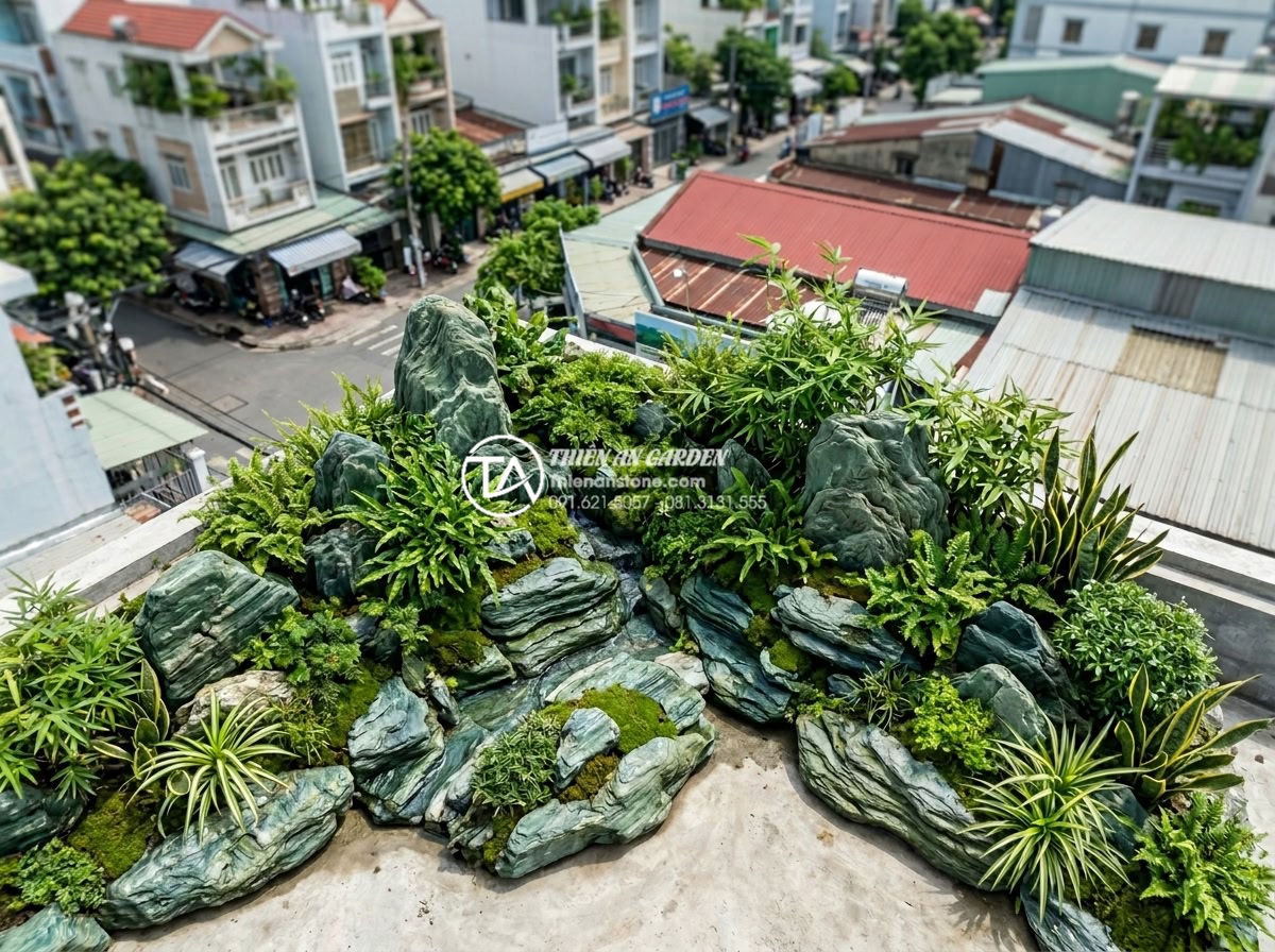 Lợi ích sức khỏe bất ngờ khi sở hữu tiểu cảnh sân thượng tại nhà - Aerial view of rooftop miniature landscape demonstrating air purification throug