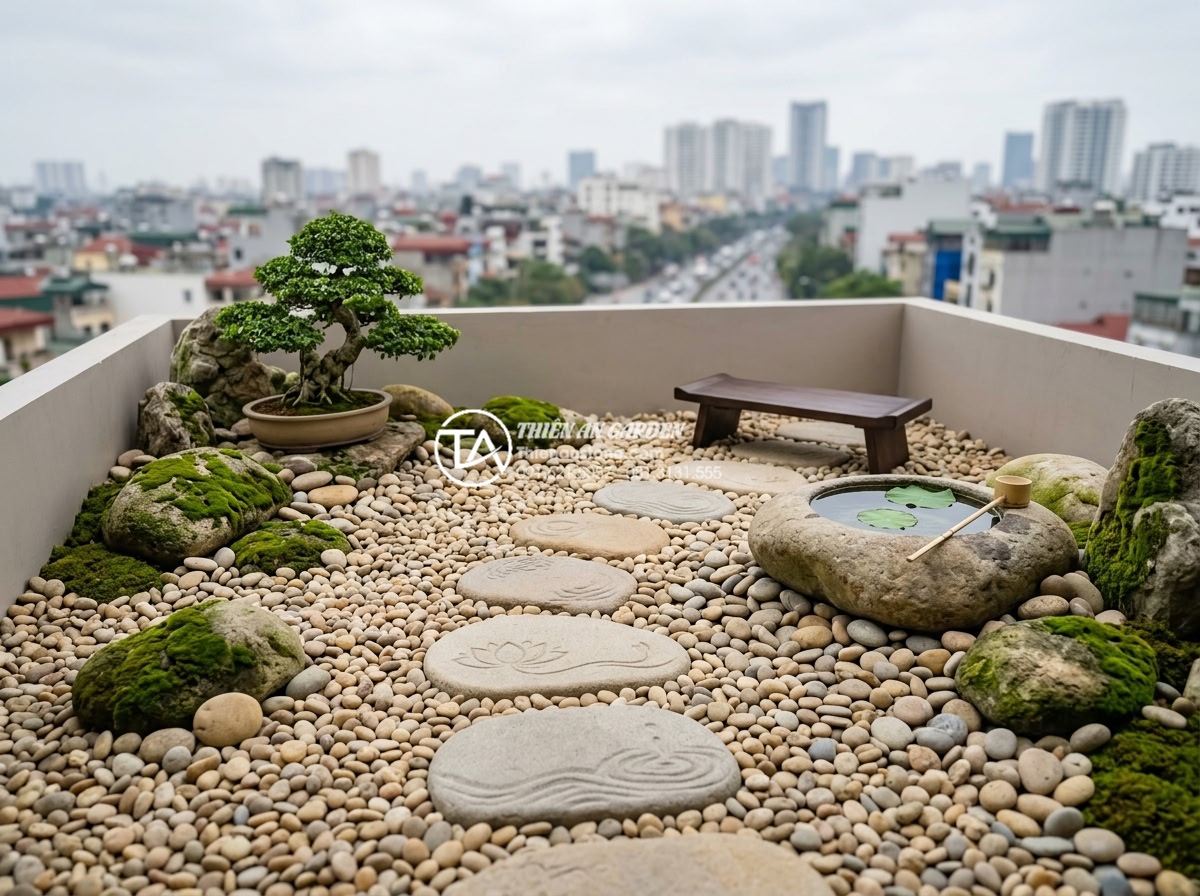 Lợi ích sức khỏe bất ngờ khi sở hữu tiểu cảnh sân thượng tại nhà - Minimalist zen style rooftop terrace with carved stone elements, moss-covered ro