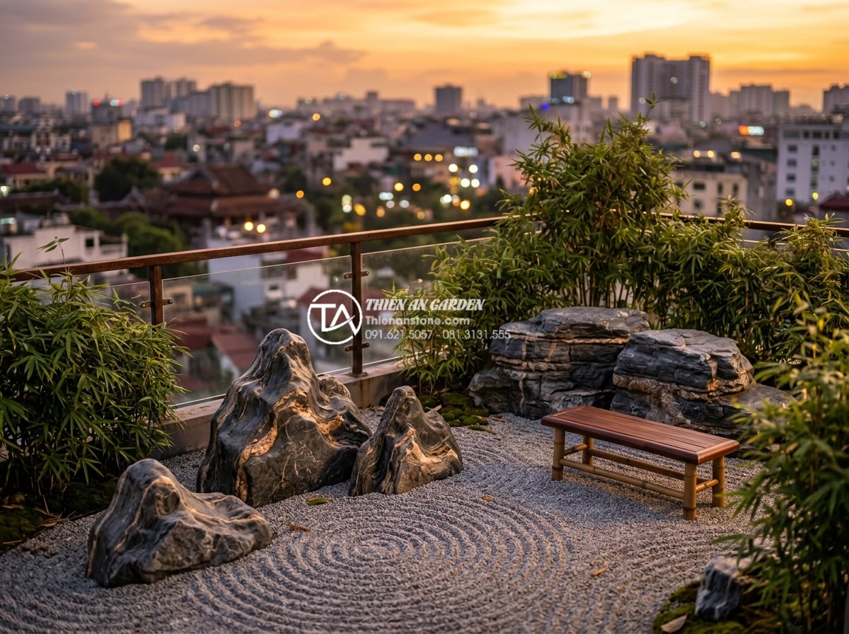 Lợi ích sức khỏe bất ngờ khi sở hữu tiểu cảnh sân thượng tại nhà - Serene rooftop zen garden with polished natural stone boulders, bamboo plants, r